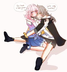  2girls :3 black_jacket black_shoes black_skirt blue_skirt blush commentary couple cuddling dot_nose english_commentary english_text full_body grey_hair highres honkai:_star_rail honkai_(series) hug jacket long_hair long_sleeves looking_at_another march_7th_(honkai:_star_rail) miniskirt multiple_girls mutual_hug open_clothes open_jacket open_mouth pink_hair pleated_skirt pucca_(pucpops) seiza shirt shoes simple_background sitting skirt speech_bubble spread_legs stelle_(honkai:_star_rail) three-quarter_sleeves trailblazer_(honkai:_star_rail) violet_eyes white_background white_shirt yellow_eyes yuri 