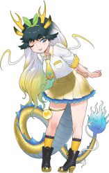  1girl :p ;p absurdres animal-themed_footwear arched_back black_boots black_hair blonde_hair blue_eyes boots bow breast_pocket dragon_ears dragon_girl dragon_horns dragon_tail dress_shirt gradient_hair gradient_horns green_bow green_hair green_horns hair_bow hand_on_own_arm highres horns japari_symbol jewelry kemono_friends kirin_(kemono_friends) layered_skirt long_hair long_sidelocks looking_at_viewer multicolored_hair multicolored_horns necktie official_art one_eye_closed pocket scales school_uniform shirt short_eyebrows sidelocks skirt socks solo tail thick_eyebrows thighlet third-party_source tongue tongue_out transparent_background v-shaped_eyebrows very_long_hair white_hair yellow_dragon_(kemono_friends) yellow_horns yellow_necktie yellow_skirt yellow_socks yoshizaki_mine 