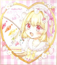  1girl alternate_costume blonde_hair bow bowtie cake cake_slice collared_shirt commentary_request crystal crystal_wings dated flandre_scarlet flower food food-themed_hair_ornament fork frilled_shirt_collar frills fruit hair_flower hair_ornament hat hat_bow heart_border highres holding holding_fork mob_cap multicolored_wings one_side_up pastel_(iero-guri-nn) pink_bow pink_vest red_eyes shikishi shirt signature solo strawberry strawberry_hair_ornament strawberry_slice touhou traditional_media translation_request vest white_hat white_shirt wings yellow_bow yellow_bowtie 