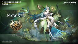  1girl alchemy_stars animal antlers aqua_eyes bird black_gloves blindfold character_name copyright_logo copyright_notice deer diffraction_spikes dress feather_hair floating floating_object gloves gold_shoes green_eyes hair_ornament highres horns logo long_dress long_hair looking_at_viewer naroxel_(alchemy_stars) official_art riding riding_animal shawl shoes sidesaddle very_long_hair white_dress zoom_layer 