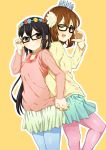  ;d back-to-back bespectacled black_hair blue_legwear brown_eyes brown_hair crown girock glasses head_wreath hirasawa_yui holding_hands k-on! multiple_girls nakano_azusa open_mouth pantyhose pink_legwear skirt smile tiara twintails wink 