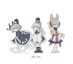  3girls black_hat black_shoes black_skirt bracelet brown_eyes brown_hair cross-laced_clothes dress earmuffs frilled_dress frilled_skirt frills full_body ghost_tail green_dress green_eyes green_hair grey_eyes grey_hair hands_in_opposite_sleeves hat jewelry long_hair long_sleeves mononobe_no_futo multiple_girls pointy_hair ponytail ribbon-trimmed_sleeves ribbon_trim sakaki_taka_(cosmicmind) shoes short_hair simple_background skirt sleeveless soga_no_tojiko standing tate_eboshi touhou toyosatomimi_no_miko translation_request twitter_username white_background white_shoes wide_sleeves 