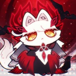  :< animalization artist_name bird black_veil cat closed_mouth commentary crow english_commentary eye_hair_ornament eyelashes flying frown ganleneng genshin_impact hair_ornament jitome looking_at_viewer red_wings ronova_(genshin_impact) sitting solo symbol-shaped_pupils veil white_cat wings yellow_eyes 