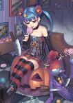  bare_shoulders blue_hair boots candy candy_cane choker dagger elbow_gloves fingerless_gloves gloves gonster hair_ornament halloween highres holding jack-o&#039;-lantern jack-o'-lantern knife licking lollipop long_hair original plaid plaid_skirt pumpkin pumpkin_hair_ornament red_eyes sitting skirt solo striped striped_legwear swirl_lollipop thigh-highs thighhighs thriller twintails weapon 