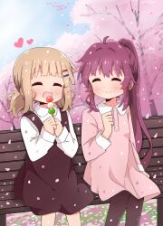  2girls :d ^_^ ahoge az!_(azu) black_dress black_pantyhose blunt_bangs blush brown_hair buttons cherry_blossoms closed_eyes collared_shirt commentary_request dango day dress falling_petals fang feet_out_of_frame food hair_intakes hair_ornament hairclip heart highres holding holding_food long_hair multiple_girls oomuro_sakurako open_mouth outdoors pantyhose parallel_hairclips petals pinafore_dress pink_dress ponytail sanshoku_dango shirt sidelocks sitting skin_fang sleeveless sleeveless_dress smile sugiura_ayano tree wagashi white_shirt yuruyuri 