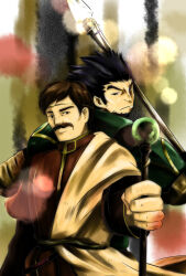 2boys back-to-back black_hair brown_hair circlet commentary_request facial_hair fire_emblem fire_emblem:_the_sacred_stones gilliam_(fire_emblem) highres holding holding_staff looking_at_viewer male_focus moulder_(fire_emblem) multiple_boys mustache polearm short_hair staff violetcolor09 weapon 