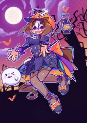  >_< 1girl absurdres ahoge animal_ears ascot bat_(animal) bee_sempai black_dress black_pantyhose blush breasts brown_hair double-parted_bangs dress ear_covers full_moon ghost hair_between_eyes hairband halloween_costume hat highres horse_ears horse_girl horse_tail lantern long_sleeves medium_hair meisho_doto_(dot-o'-lantern)_(umamusume) meisho_doto_(umamusume) moon multicolored_hair official_alternate_costume open_mouth orange_hat orange_ribbon pantyhose pumpkin_hat purple_hairband ribbon shoes single_ear_cover tail two-tone_hair umamusume violet_eyes white_ascot white_hair 