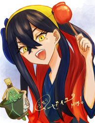  1girl :d appleberry9 artist_name black_hair candy_apple carmine_(pokemon) colored_inner_hair commentary_request crossed_bangs food hair_between_eyes hairband highres holding holding_candy_apple holding_food long_hair looking_at_viewer mask mask_on_head mole mole_under_eye multicolored_hair pokemon pokemon_(creature) pokemon_scarlet_and_violet red_hair sinistcha smile teeth translation_request two-tone_hair upper_body upper_teeth_only yellow_eyes yellow_hairband 