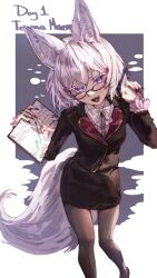  1girl :3 :d animal_ear_fluff animal_ears black_jacket black_pantyhose black_skirt bow bowtie character_name commentary english_commentary fox_ears fox_girl fox_tail glasses hair_between_eyes highres holding holding_pen jacket long_sleeves looking_at_viewer mn374390 office_lady official_alternate_costume open_mouth pantyhose pen phase_connect simple_background skirt smile solo tail tenma_maemi tenma_maemi_(office_lady) violet_eyes virtual_youtuber white_bow white_bowtie white_hair 