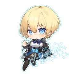  1girl artist_name belt_pouch black_jacket black_pantyhose blonde_hair blue_bow blue_bowtie blue_eyes blue_skirt blush bow bowtie character_request chibi chibi_only chinese_commentary commentary_request copyright_request cuffs fur-trimmed_jacket fur_trim handcuffs holding holding_handcuffs jacket long_sleeves looking_at_viewer miyayoki pantyhose parted_lips pencil_skirt pouch shirt short_hair signature skirt thigh_pouch vertical-striped_bowtie watermark white_background white_shirt 