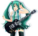  detached_sleeves electric_guitar gibson green_eyes green_hair guitar hatsune_miku highres instrument long_hair looking_at_viewer necktie open_mouth plectrum simple_background skirt solo terun thigh-highs thighhighs twintails v very_long_hair vocaloid white_background 