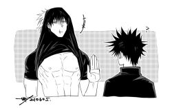  2boys ? abs commentary_request flip_shirt fushiguro_megumi fushiguro_toji gojo_satoru greyscale jujutsu_kaisen jujutsu_tech_uniform male_focus monochrome multiple_boys nipples pectorals sashiyu shirt_over_head short_hair simple_background spiky_hair white_background 
