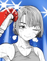  1girl blue_background boxing_gloves bruise bruised_eye commentary_request eyebrows_hidden_by_hair gloves greyscale_with_colored_background hand_up hatching_(texture) heavy_breathing highres injury lee_(dragon_garou) light_rays linear_hatching original ponytail red_gloves short_hair smile solo sports_bra spot_color sweat 