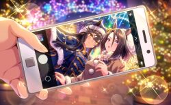  2girls air_groove_(umamusume) animal_ears arch argyle_bow argyle_bowtie argyle_clothes argyle_dress artist_request bandaid bandaid_on_face bandaid_on_nose belt belt_buckle black_belt blue_capelet blue_dress blue_eyes blue_hat blurry blurry_background bow bowtie breasts brooch brown_hair brown_jacket buckle buttons capelet cellphone cellphone_photo christmas christmas_tree closed_mouth cowboy_shot dot_nose dress ears_through_headwear eyeliner eyes_visible_through_hair female_pov fingernails flower flower_brooch fur-trimmed_capelet fur-trimmed_headwear fur-trimmed_jacket fur-trimmed_sleeves fur_trim game_asset green_bow green_bowtie hair_between_eyes hand_on_another's_shoulder happy hat highres holding holding_phone horse_ears horse_girl jacket jewelry large_breasts light_blush light_particles long_hair_between_eyes long_sleeves looking_at_viewer makeup medium_hair multiple_girls narita_brian_(glad_tidings)_(umamusume) narita_brian_(umamusume) night official_alternate_costume official_art open_mouth outdoors phone pom_pom_(clothes) pov red_eyeliner santa_costume santa_hat selfie smartphone smile sparkle star_brooch surprised sweatdrop taking_picture third-party_source tsurime two-sided_capelet two-sided_fabric umamusume white_flower winter_clothes yellow_eyes 