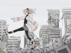  1girl a.i._voice adachi_rei black_pantyhose commentary destruction gloves grey_shorts highres igasam jacket orange_hair pantyhose ruins shoes shorts side_ponytail sign smile sneakers untranslatable_commentary walking warning_sign white_gloves white_jacket 