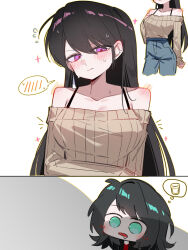  2girls bang_dream! bang_dream!_it's_mygo!!!!! bare_shoulders black_hair blue_pants blush brown_sweater drooling ear_blush green_eyes highres long_hair long_sleeves mole mole_under_eye multiple_girls nervous_sweating off-shoulder_sweater off_shoulder open_mouth pants shiina_taki spoken_blush sweat sweater violet_eyes yahata_umiri yuri zikiki1092 