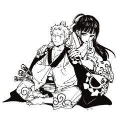  2boys abaraya closed_mouth commentary_request crossed_arms full_body greyscale hands_on_another's_shoulders height_difference high_ponytail highres indian_style japanese_clothes katana kikunojo_(one_piece) kimono long_hair looking_at_another male_focus monochrome multiple_boys multiple_swords official_alternate_costume one_eye_closed one_piece ponytail roronoa_zoro sandals scar scar_across_eye scar_on_chest scar_on_face sheath sheathed short_hair sitting sword weapon white_background 