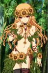  between_breasts black_legwear blonde_hair breasts flower hair_flower hair_ornament large_breasts long_hair looking_at_viewer navel red_eyes smile sunflower thighhighs tonee tora_no_tsubasa tree 