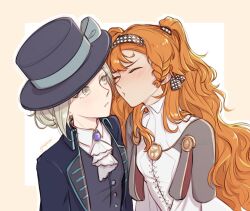  2girls ascot black_hat blonde_hair blue_jacket blush boater_hat border brown_eyes closed_eyes collared_shirt commentary dress english_commentary fluffy_hair giupear grey_vest hairband hat highres jacket long_hair looking_at_another multiple_girls nose_blush open_clothes open_jacket orange_hair outside_border parted_lips puckered_lips reverse:1999 shirt signature simple_background smile sonetto_(reverse:1999) upper_body vertin_(reverse:1999) vest wavy_hair white_ascot white_background white_dress white_shirt yellow_border yuri 