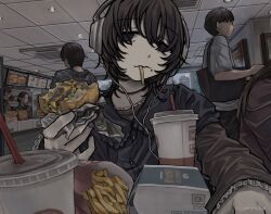  1girl absurdres artist_name black_eyes black_shirt bread_bun brown_hair brown_shirt burger buttons cable cashier ceiling cheese collar collared_shirt cup disposable_cup drinking_straw eating empty_eyes face_piercing fast_food foil food food_in_mouth food_wrapper french_fries frilled_collar frilled_shirt frilled_shirt_collar frills gudon_udon hair_over_eyes headphones highres holding holding_burger holding_food indoors lettuce long_sleeves looking_at_viewer mouth_piercing original piercing restaurant scenery sesame_seeds shirt shirt_under_shirt short_hair soda solo_focus wavy_mouth wolf_cut 