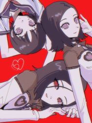  1girl age_progression aged_down amano_maya arms_behind_head black_hair blue_necktie commentary dress half-closed_eyes hand_in_own_hair hands_on_floor heart heart_print highres lipstick long_sleeves looking_at_viewer lying makeup medium_hair multiple_persona neckerchief necktie on_side open_collar out_of_frame pale_skin persona persona_2 persona_2_batsu persona_2_tsumi pink_eyes red_background red_eyes red_neckerchief ryoumapppp school_uniform serafuku shadow_(persona) short_hair smile two-tone_dress upside-down 