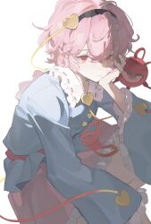  1girl black_hairband blue_shirt buttons closed_mouth collared_shirt commentary_request disembodied_linked_eye eran_syrupzz eyeball frilled_shirt_collar frilled_sleeves frills hair_ornament hairband heart heart_button heart_hair_ornament highres komeiji_satori long_sleeves looking_at_viewer pink_eyes pink_hair pink_skirt ribbon-trimmed_collar ribbon_trim shirt simple_background skirt solo touhou white_background wide_sleeves 