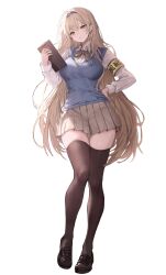  1girl 9hun_(wxw_hye) absurdres armband black_shoes blonde_hair blue_sweater_vest bow bowtie breasts brown_skirt brown_thighhighs clipboard collared_shirt commission full_body green_eyes hairband hand_on_own_hip highres holding holding_clipboard large_breasts loafers long_hair long_sleeves looking_at_viewer miniskirt open_mouth original pleated_skirt shirt shoes simple_background skirt solo sweater_vest thigh-highs very_long_hair white_background white_shirt zettai_ryouiki 