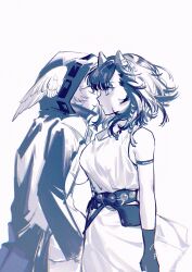  2girls absurdres animal_ears arknights armband bare_shoulders belt belt_pouch black_gloves breasts closed_mouth commentary_request cygnusx3 doctor_(arknights) dress earrings female_doctor_(arknights) from_side gloves head_wings highres hood hood_up hooded_jacket jacket jewelry lunacub_(arknights) medium_breasts medium_hair monochrome multiple_girls pouch profile sleeveless sleeveless_dress standing white_background white_dress wings wolf_ears wolf_girl 