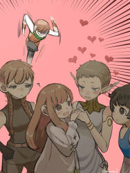  1boy 4girls black_hair blonde_hair braid brown_hair chilchuck_tims dress dungeon_meshi earrings edo_mond_(edoedoedomond) elf father_and_child father_and_daughter fullertom_(dungeon_meshi) halfling heart highres jewelry long_hair mayjack_(dungeon_meshi) motion_lines multiple_girls otta_(dungeon_meshi) packpatty_(dungeon_meshi) parent_and_child pointy_ears running short_hair speed_lines twin_braids yuri 