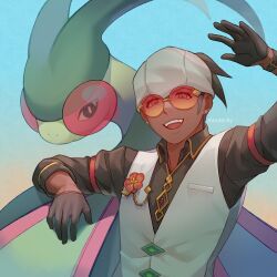  1boy 1other artist_name black_gloves black_shirt english_commentary flygon gloves looking_at_viewer looking_back mootecky open_mouth pokemon pokemon_(creature) pokemon_masters_ex pokemon_sword_and_shield raihan_(anniversary_2022)_(pokemon) raihan_(pokemon) shirt smile sunglasses vest white_vest 