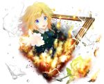  blonde_hair blue_eyes broken_glass dress fire flower glass ib long_hair mary_(ib) outstretched_hand painting painting_(object) rose solo spoilers taiwan_(artist) white_background yellow_rose 