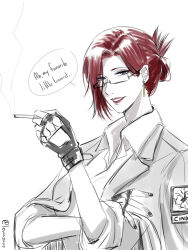  1girl armored_core armored_core_vi:_fires_of_rubicon asymmetrical_bangs black_nails blue_eyes bug cigarette cinder_carla collared_shirt earrings english_text fingerless_gloves glasses gloves gold_earrings hair_bun hand_on_own_arm hand_up highres holding holding_cigarette jacket jewelry levia looking_at_viewer mature_female nail_polish open_clothes open_jacket parted_lips patch red_hair red_lips semi-rimless_eyewear shirt short_hair simple_background smoke spider white_background 