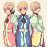  armor blue_eyes cape flower flynn_scifo gloves hair_flower hair_ornament highres looking_at_viewer male multiple_boys multiple_persona shiro_(reptil) short_hair standing tales_of_(series) tales_of_vesperia 