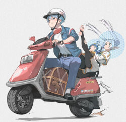  1boy 2girls ahoge animal_hood black_pantyhose blue_eyes blue_hair blue_jacket blue_pants boots bosstseng capelet chibi chinese_commentary commentary_request contemporary denim earrings eisen_(sousou_no_frieren) frieren green_eyes heiter helmet highres himmel_(sousou_no_frieren) hood jacket jeans jewelry magic moped motor_vehicle multiple_girls natsuki_(bosstseng) no_shoes original pants pantyhose penguin_hood pointy_ears signature skirt smile sousou_no_frieren sticker torn_clothes torn_pantyhose treasure_chest twintails unworn_boots wheelie white_capelet white_hair white_helmet white_jacket white_skirt 