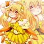  1girl bike_shorts blonde_hair bowtie brooch choker cure_peace dress hair_ornament highres jewelry kise_yayoi long_hair looking_up ponytail precure shorts_under_skirt skirt smile smile_precure! solo tiara v yellow_eyes zoom_layer 