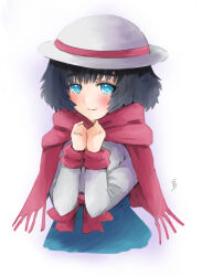  1girl aqua_skirt black_hair blush breasts capelet commentary_request get9 hands_together_elbows_together hat high-waist_skirt looking_at_viewer medium_breasts medium_hair own_hands_together pink_capelet pink_sash pink_scarf sash scarf science_adventure shiina_mayuri shirt skirt smile solo steins;gate steins;gate_0 upper_body white_background white_hat white_shirt winter_clothes 