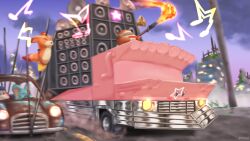  absurdres awoofy bandana_waddle_dee blush_stickers dekotora driving drone0 elfilin facial_tattoo flamethrower highres holding holding_flamethrower holding_weapon kirby kirby_(series) kirby_and_the_forgotten_land mad_max motor_vehicle mouthful_mode musical_note outdoors signature speaker star_(symbol) tattoo truck waddle_dee weapon 