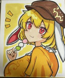  1girl :3 absurdres animal_ears blonde_hair border breasts brown_hat closed_mouth commentary_request dango dot_nose eating flat_cap floppy_ears food from_side hair_between_eyes hat head_tilt highres holding holding_skewer kukurukurukuru large_breasts looking_at_viewer nail_polish notice_lines orange_shirt outline outside_border photo_(medium) portrait rabbit_ears rabbit_girl red_eyes red_nails ringo_(touhou) sanshoku_dango shikishi shirt short_hair short_sleeves simple_background skewer smile solo touhou traditional_media wagashi white_border white_outline 