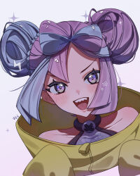  0393_piplup 1girl @_@ bare_shoulders blue_hair blush bow-shaped_hair character_hair_ornament collarbone commentary_request hair_ornament hexagon_print highres iono_(pokemon) jacket long_hair long_sleeves looking_at_viewer multicolored_hair open_mouth pink_hair pokemon pokemon_scarlet_and_violet sharp_teeth smile solo sweat teeth two-tone_hair upper_body yellow_jacket 