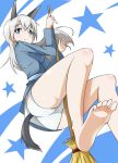  animal_ears ass bare_legs barefoot blue_eyes broom eila_ilmatar_juutilainen feet from_below long_hair looking_at_viewer no_legwear panties silver_hair soles solo star strike_witches tail toes underwear yumekaranigeruna 