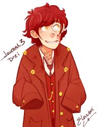  1boy animated animated_gif blood blood_on_face brown_hair coat elentori glowing glowing_eyes gravity_falls grin journal_(gravity_falls) male_focus mole mole_under_eye monocle personification sleeves_past_fingers sleeves_past_wrists smile solo tattoo vest yellow_eyes 