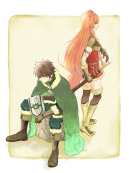  1boy 1girl animal_ear_fluff animal_ears arm_shield armor belt black_dress black_hair black_shirt blunt_bangs boots border breastplate breasts brown_armor brown_belt brown_boots brown_hair chest_guard cloak closed_mouth collared_shirt commentary_request dolbydig dress full_body fur-trimmed_armor fur-trimmed_boots fur_trim green_cloak green_eyes green_pants grey_armor hair_between_eyes hair_tubes high_collar highres holding holding_sheath holding_shield holding_sword holding_weapon iwatani_naofumi knee_boots layered_dress leaning_forward leather leather_armor leather_boots legendary_shield_(small_shield)_(tate_no_yuusha_no_nariagari) legendary_shield_(tate_no_yuusha_no_nariagari) long_hair long_sleeves looking_at_viewer looking_to_the_side medium_breasts messy_hair metal_arm_cuffs metal_hair_tubes metal_wrist_cuffs neck_ribbon on_rock outside_border pants pauldrons pink_eyes pinstripe_dress pinstripe_pattern raccoon_ears raccoon_girl raccoon_tail raphtalia red_dress red_ribbon ribbon sheath shield shirt short_hair shoulder_armor sitting standing straight_hair sword tail tanuki tate_no_yuusha_no_nariagari thigh_boots two-tone_dress weapon white_border white_dress white_fur yellow_background yellow_trim 