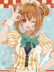  1girl ahoge artist_name bow bowtie breasts brown_hair commentary_request dated double_bun eiyuu_densetsu estelle_bright green_bow green_bowtie hair_bun hair_intakes han_(hn-khk) highres looking_at_viewer medium_breasts official_alternate_costume ok_sign one_eye_closed open_mouth red_eyes shirt short_sleeves signature smile solo sora_no_kiseki striped_clothes striped_shirt twitter_username two-tone_shirt upper_body vertical-striped_clothes vertical-striped_shirt waitress watermark white_shirt wrist_cuffs yellow_shirt 