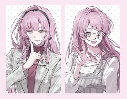  2girls :d bang_dream! bang_dream!_it's_mygo!!!!! bang_dream!_our_notes black_hairband blunt_bangs chihaya_anon chinese_commentary commentary_request dundun_yuan fang finger_to_cheek glasses grey_eyes grey_jacket hairband hand_up highres izumi_houka jacket long_hair long_sleeves looking_at_viewer multiple_girls open_mouth pink_hair polka_dot polka_dot_background red_shirt shirt smile upper_body w white_shirt 