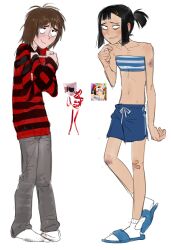  2girls absurdres bags_under_eyes bandaid bandaid_on_knee bandaid_on_leg bandeau black_hair blue_male_swimwear blue_sandals blush book brown_hair bruise bruise_on_arm bruise_on_knee bruise_on_leg commentary crossed_bandaids english_commentary full_body gangle_(the_amazing_digital_circus) grey_pants hair_ornament hairclip highres holding holding_book humanization injury lacryboy looking_to_the_side male_swimwear multiple_girls navel official_alternate_costume official_art_inset pants parallel_hairclips pomni_(the_amazing_digital_circus) ponytail ribs sandals short_ponytail skinny smile socks striped_bandeau striped_clothes striped_sweater sweater the_amazing_digital_circus white_background white_socks 
