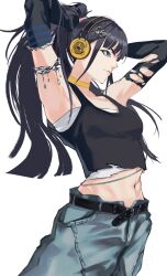  1girl 3333iyasy abs absurdres amaya_tsubame armband armpits arms_up asymmetrical_gloves belt black_hair breasts commentary_request fanged_bangs gakuen_idolmaster gloves hair_ornament headphones high_ponytail highres idolmaster midriff navel pants ponytail simple_background small_breasts solo strapless tank_top tube_top white_background 