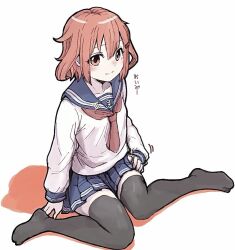  1girl anchor_symbol black_thighhighs blue_sailor_collar blue_skirt brown_eyes commentary_request hair_ornament hairclip ikazuchi_(kancolle) kantai_collection legs long_sleeves neckerchief no_shoes orange_hair red_neckerchief sailor_collar sailor_shirt school_uniform serafuku shadow shirt short_hair simple_background sitting skirt solo thigh-highs unagiman wariza white_background white_shirt 