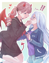  ! !! 2girls absurdres black_cardigan black_sailor_collar black_serafuku black_shirt black_skirt black_socks blue_eyes blue_jacket blue_shorts blush brown_hair cardigan chibi collarbone demon_horns demon_tail demon_wings gradient_background hair_between_eyes hand_on_another's_chin highres horns jacket long_hair long_sleeves looking_at_another mochizuki_honami multiple_girls neckerchief open_cardigan open_clothes outline pleated_skirt project_sekai purple_shirt red_horns red_neckerchief red_tail red_wings sailor_collar sami_kura school_uniform serafuku shirt shorts side_ponytail skirt socks sweatdrop tail track_jacket white_background white_hair white_outline wings yoisaki_kanade yuri 