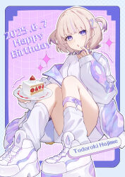  1girl absurdres blonde_hair cake commentary_request dated dress food happy_birthday highres holding holding_plate hololive hololive_dev_is jacket leg_warmers leimimomomo looking_at_viewer multicolored_hair off_shoulder open_mouth plate purple_dress purple_hair shirt shoes short_hair sneakers solo streaked_hair todoroki_hajime todoroki_hajime_(1st_costume) two_side_up virtual_youtuber white_jacket white_leg_warmers white_shirt white_shoes 