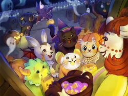  1girl animal animal_ears bag bare_tree bat_wings bird black_cat black_cat_(webkinz) blush brown_hair candy candy_corn_mouse_(webkinz) cat closed_mouth clothed_animal commentary cow_ears cow_girl cow_horns crack dog english_commentary eyelashes eyeshadow fangs fence flying food furry gargowl_(webkinz) ghost glasses grass green_eyes halloween halloween_bucket hat highres holding holding_bag holding_halloween_bucket horns jack-o'-lantern lips makeup medium_hair monster mouse_(animal) mouth_hold ms._cowoline open_mouth owl path pumpkin pumpkin_puppy_(webkinz) purple_eyeshadow purple_hat rabbit red-framed_eyewear red_eyes rest_in_peace_(phrase) sidewalk smile sparkytopia teeth tombstone tree trick-or-treating trick_or_treat_troll_(webkinz) upper_teeth_only vampire_bat_(webkinz) vampire_bunny_(webkinz) webkinz wings witch_hat wrapped_candy 